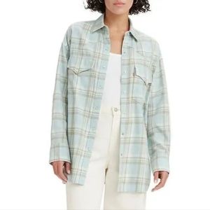 Levi's Dylan Relaxed Western Flannel Starlight Blue XL Plaid Pearl Snaps New